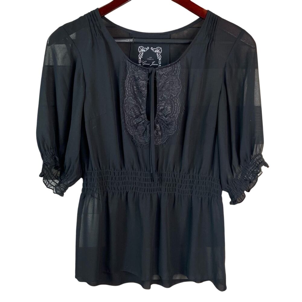 Guess Jeans Black Sheer Half Sleeve Blouse Women's Size Medium